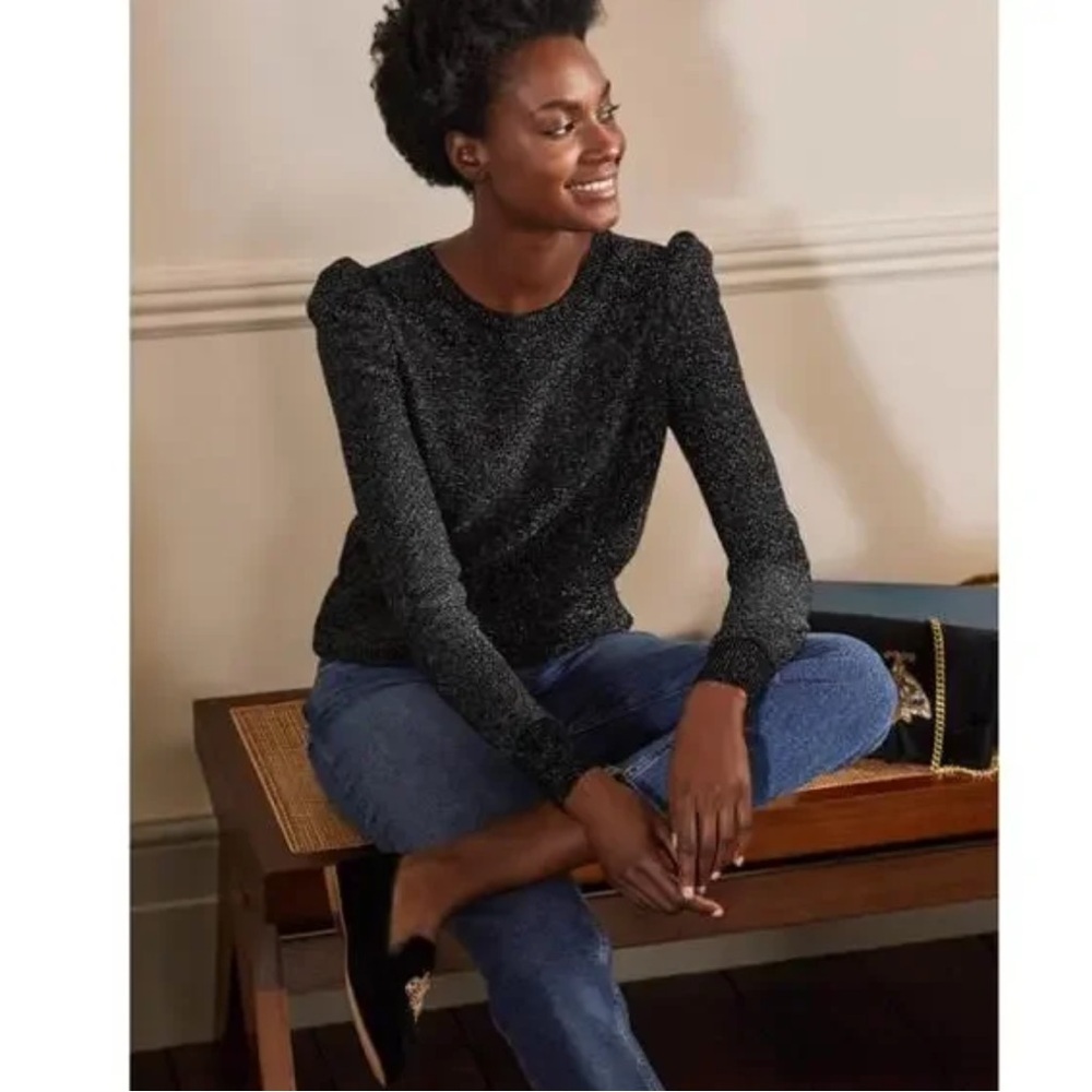 Boden Sparkle Puff Sleeve Sweater Crew Neck Wool Cashmere Black Sz 8 NWT